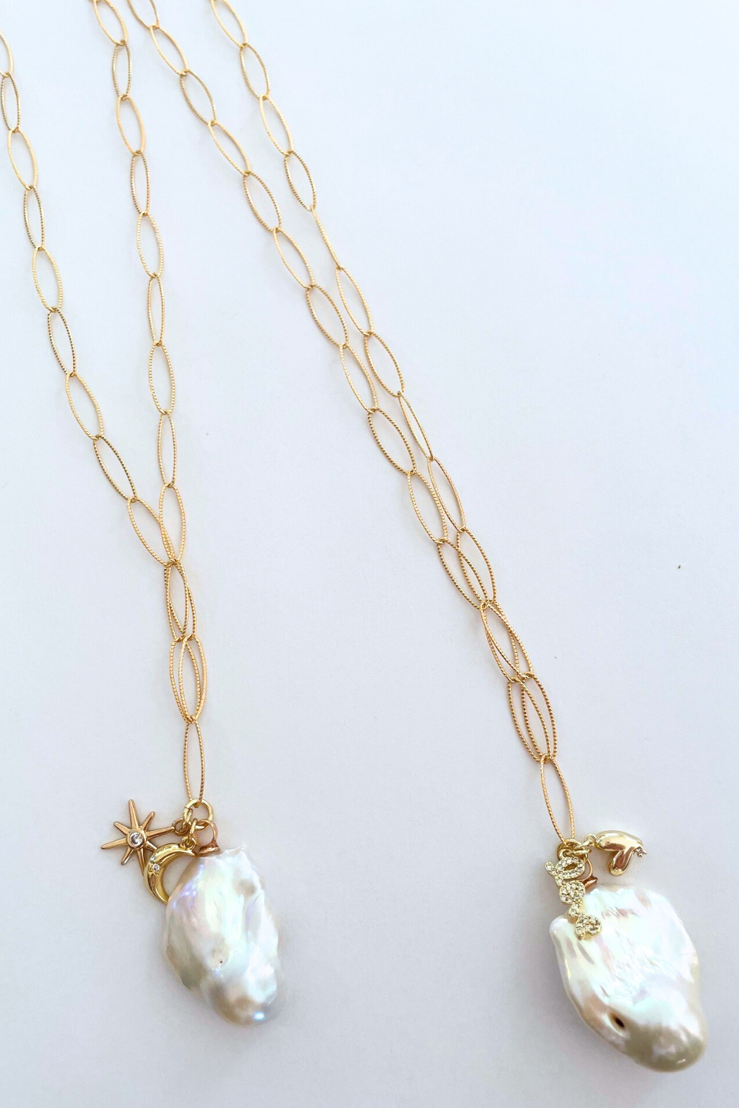 Flameball XL Baroque Pearl Gold Long Marquise 34" Necklace w/charms