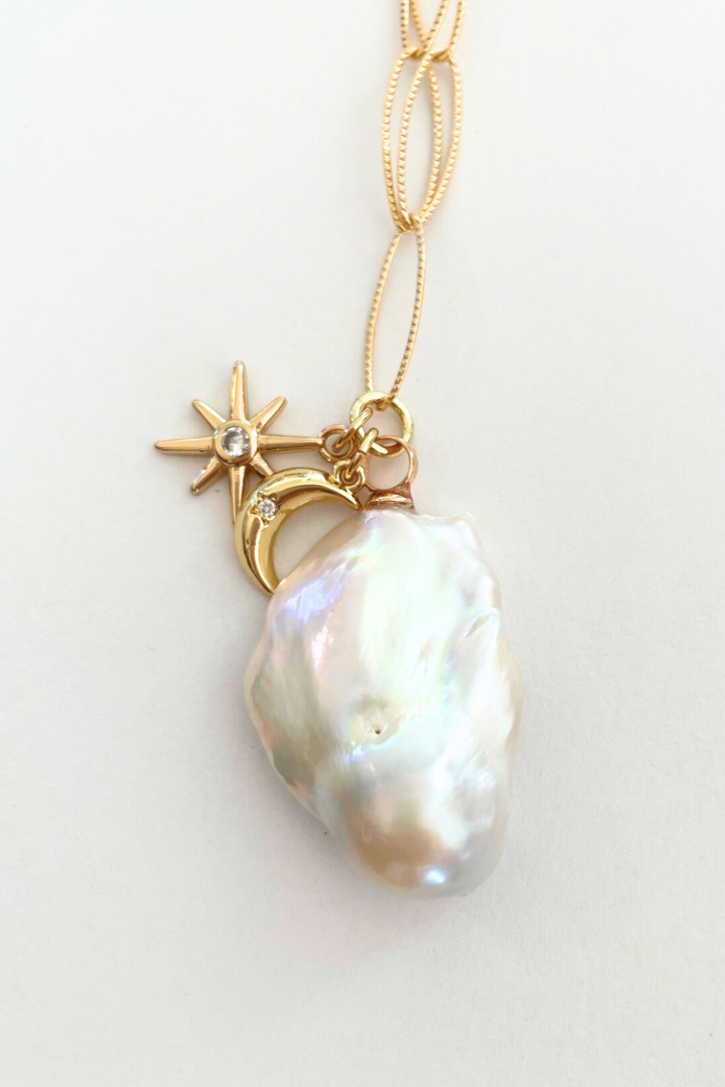 Flameball XL Baroque Pearl Gold Long Marquise 34" Necklace w/charms