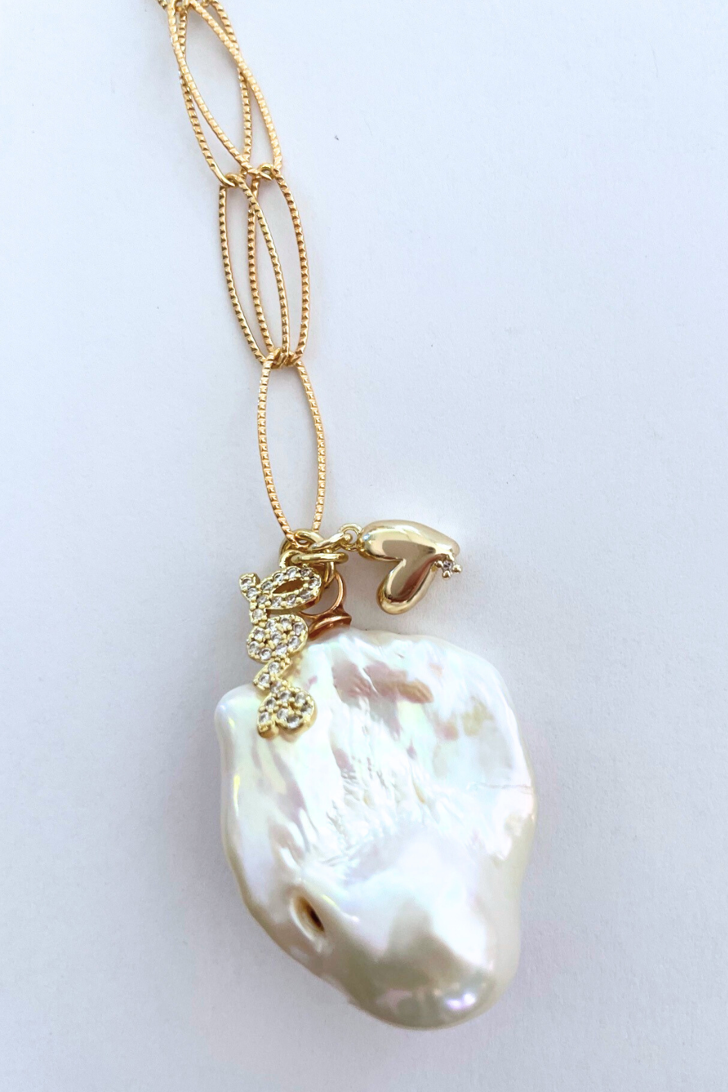 Flameball XL Baroque Pearl Gold Long Marquise 34" Necklace w/charms