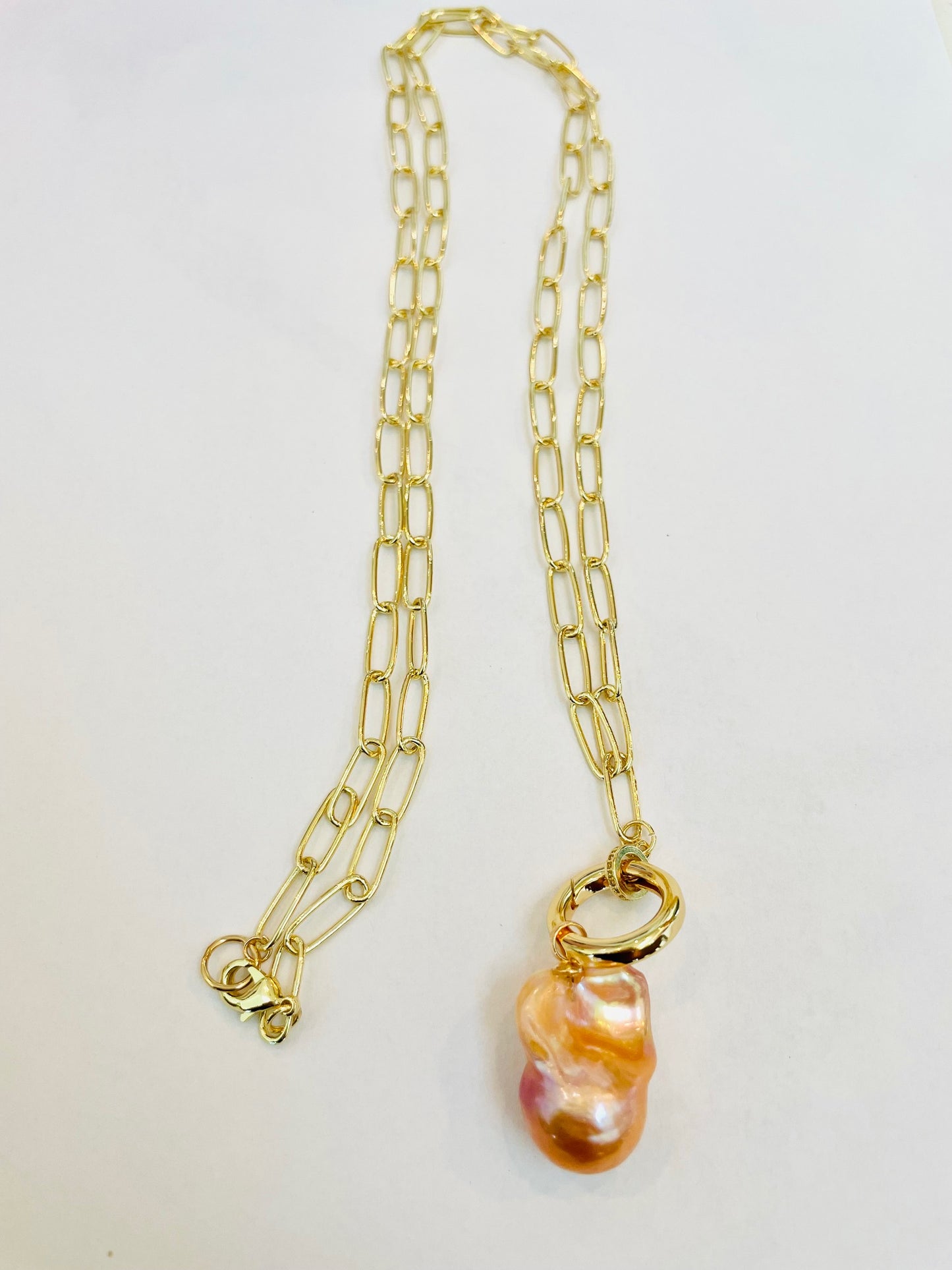 Flameball Baroque Blush Pearl Gold Long Paperclip "o" 34" Necklace