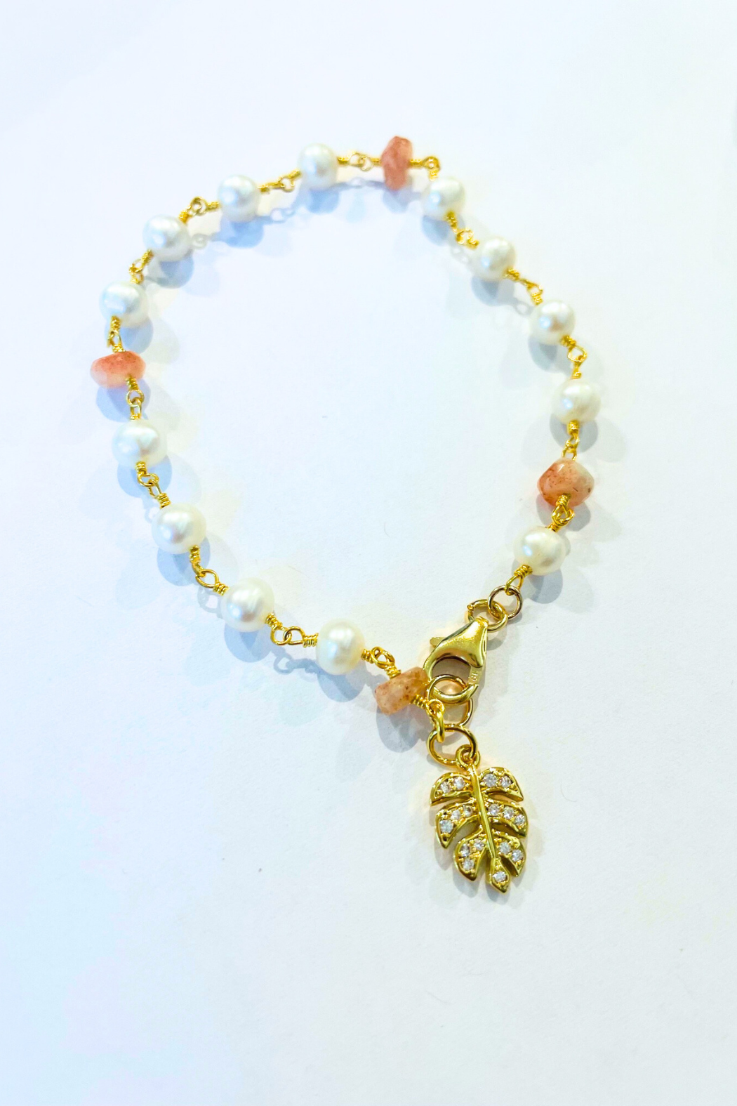 Mini Monstera Sunstone + Pearl Bracelet