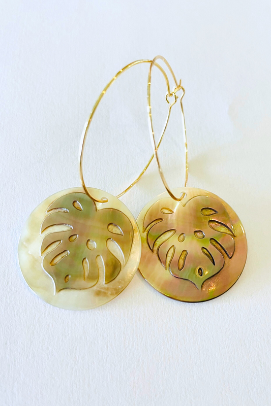 1" Hoop ~ Medium Carved Mother of Pearl Monstera
