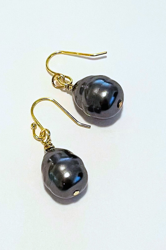 Baroque Black Pearl Dangle Earrings - 12-15MM