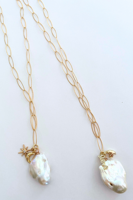 Flameball XL Baroque Pearl Gold Long Marquise 34" Necklace w/charms