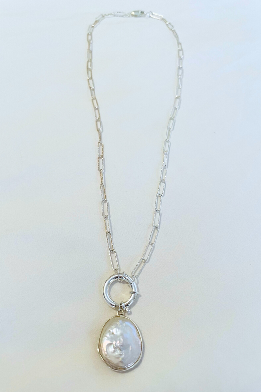 Pearl Sterling Silver Paperclip Ring Necklace
