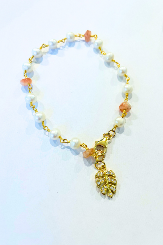 Mini Monstera Sunstone + Pearl Bracelet