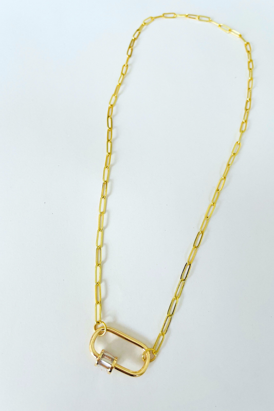 Oval CZ Carabiner Paperclip Necklace