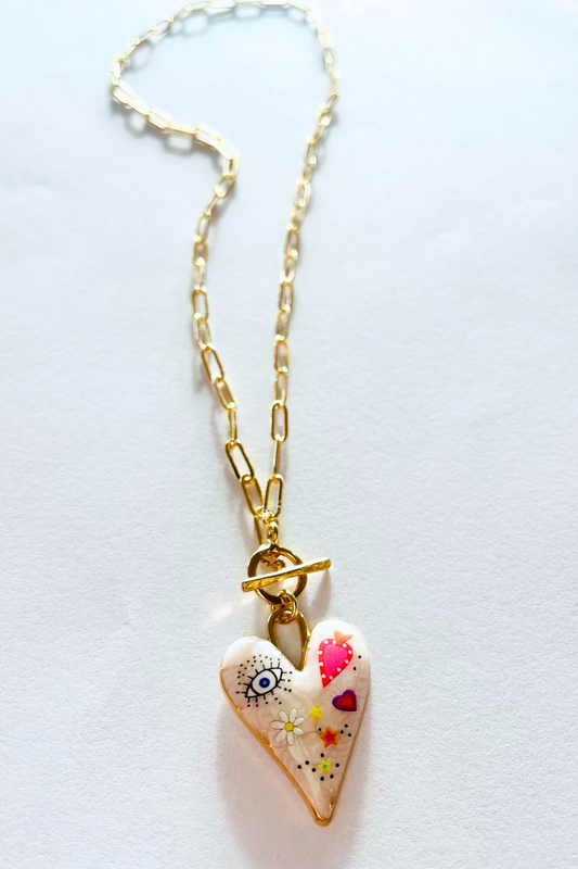 White Enamel Eye Heart Toggle Necklace