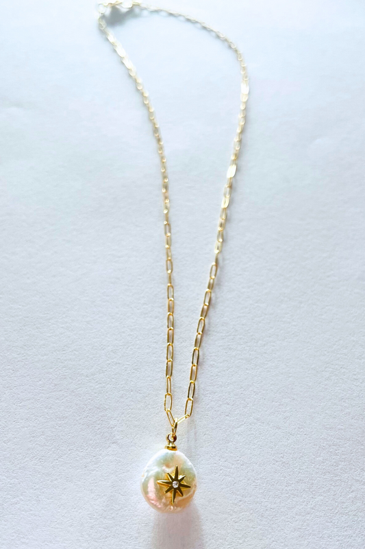 Pearl Star with CZ Charm Pendant Gold-filled Necklace